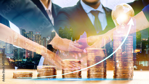 Double exposure of stock market graph and businessman with step of coin. financial stock exchange marketing for 2026 concept.	
