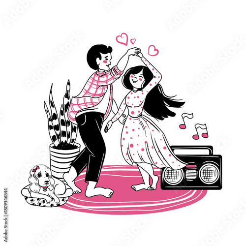 Vector illustration of a couple in love dancing at home. Valentine's Day print. Boyfriend and girlfriend in a relationship. Family comfort