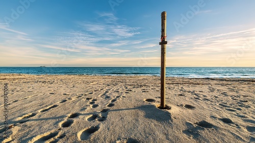 sedition. Broken flagpole in sandy ground with retreating footprints, sunset symbolic of surrender. inspiring travel planning.