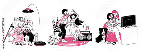 A set of vector illustrations featuring various couples in love. A collection of home scenes with different pairs in relationships. Valentine's Day prints