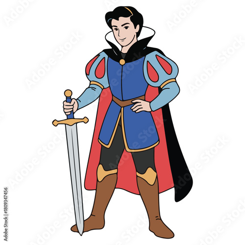 Fairytale Prince Clipart – Cartoon Knight Character with Sword, Cape & Heroic Pose