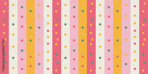 Colorful striped pattern with pink, yellow, and white vertical lines and scattered polka dots design