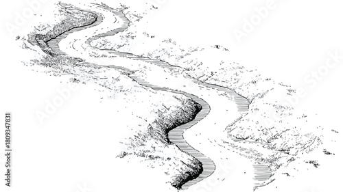 River Drawing with Flowing Water Vector Illustration