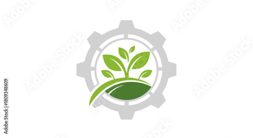 Green plant sprout growing inside a grey gear icon symbolizing agricultural technology and eco-friendly industry.