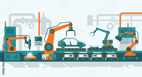 Automated car manufacturing assembly line with robotic arms working on vehicle production.