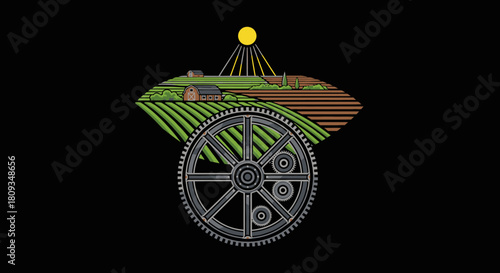 A stylized illustration of a rural farm landscape with rolling hills and a sun, resting on a large industrial gear.