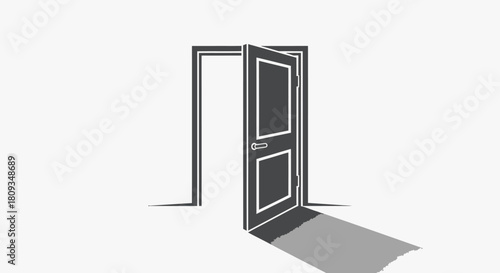 A simple graphic illustration of an open door with a frame, casting a shadow on a plain light background, symbolizing opportunity or transition.