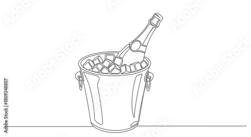 Continuous line drawing of a champagne bottle chilling in an ice bucket with ice cubes, celebrating a special occasion.