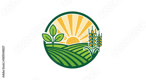 Illustration of a farm landscape with crops, sun, and rolling green hills, symbolizing agriculture and nature.