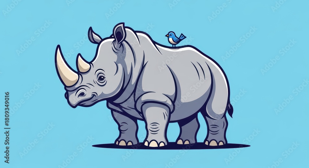 Fototapeta premium Cartoon rhinoceros with bird on back against blue background