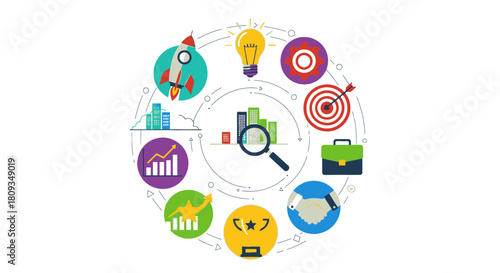 Infographic concept illustrating business development, analysis, and strategic planning with circular icons.