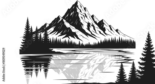 Black and white graphic illustration of a majestic mountain range with pine trees reflected in a calm lake.