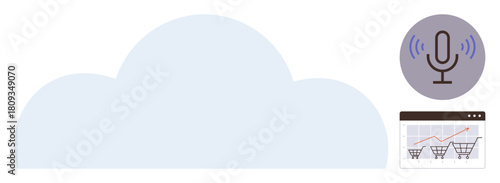 Cloud structure with a microphone for voice tech and e-commerce graph showing sales trends. Ideal for technology, cloud computing, analytics, e-commerce, voice assistant, data analysis, digital
