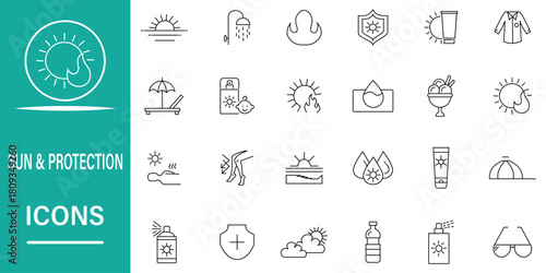 Sun & protection line icon set. Contains icons sunglasses, umbrella, sunburn, sun hat, sunscreen, ultraviolet, skin care, safety, SPF protection and more outline symbol collection. eps 10