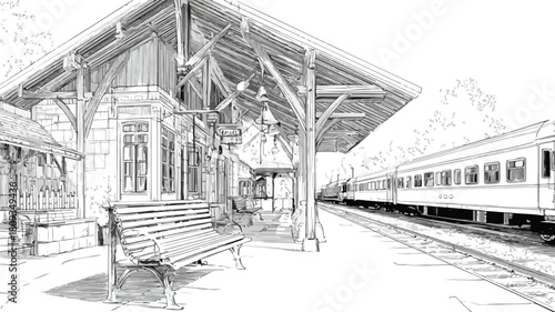 Modern Train Station Illustration with Train and Passengers Traveling