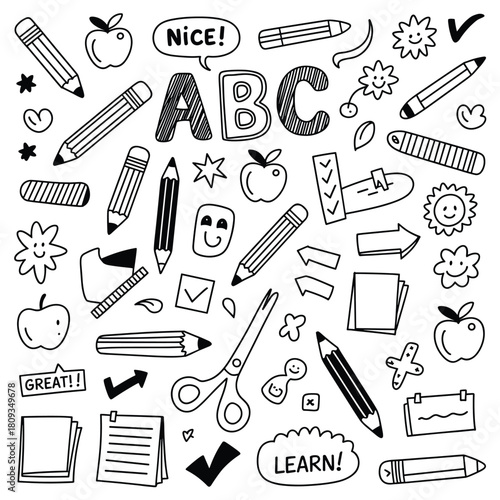 Hand drawn school doodles abc learn pencil apple scissors education supplies stationery design artwork