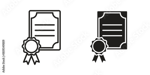 Certificate icon symbol in filled and line style. Vector icon collection
