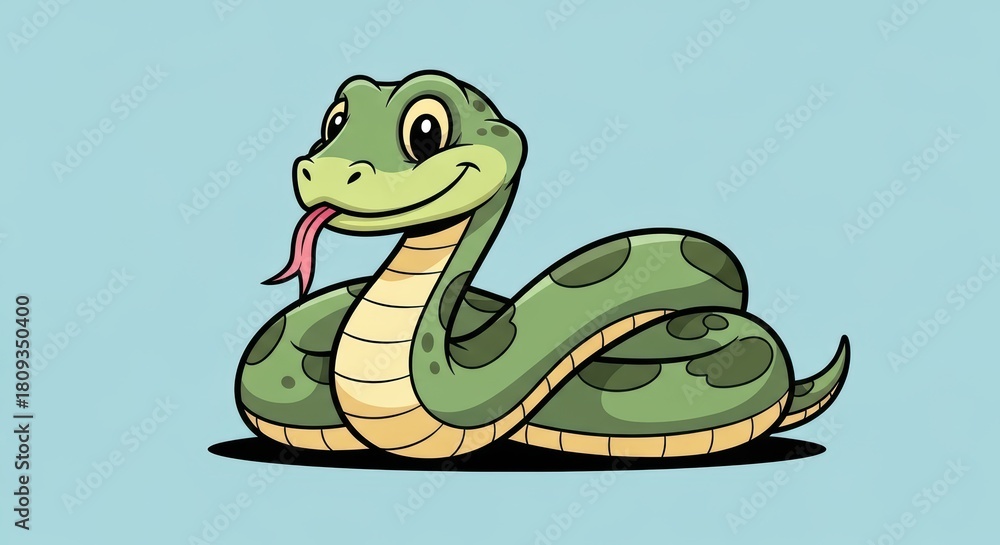 Fototapeta premium Smiling cartoon green snake with spotted pattern on blue background
