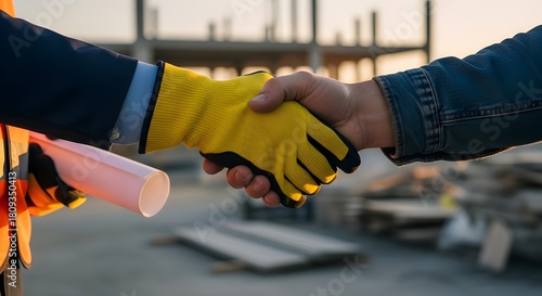 Construction deal sealed handshake signifies partnership on new building site symbolizing trust and successful collaboration for future growth