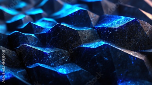 Abstract geometric pattern of dark blue polygonal shapes with a reflective metallic surface, creating a modern and futuristic texture.