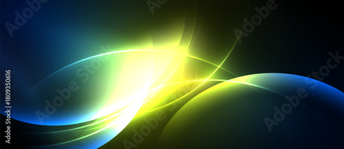 Abstract design features flowing curves, vibrant colors. Blue, green, yellow blend creating dynamic light effect. Smooth gradients dominate composition.
