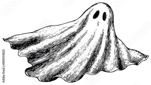 Spooky White Ghost with Bold Black Outline Vector Illustration