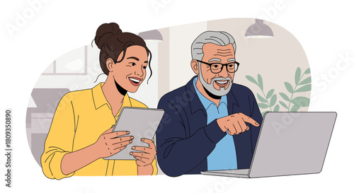 Woman holding tablet and senior man pointing at laptop screen, both smiling.