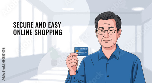 Man in blue shirt holds up a credit card for secure online shopping.