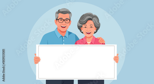 Senior couple holding a blank white sign, smiling, and wearing casual clothing.