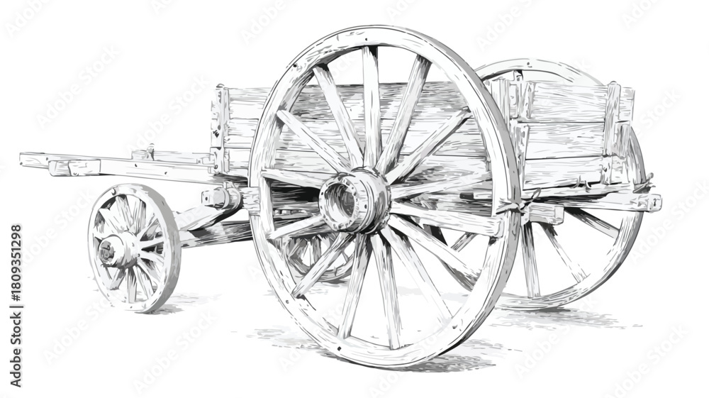 Fototapeta premium Vintage Wooden Wagon with Detailed Wooden Wheel Drawing