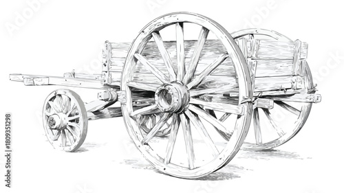 Vintage Wooden Wagon with Detailed Wooden Wheel Drawing