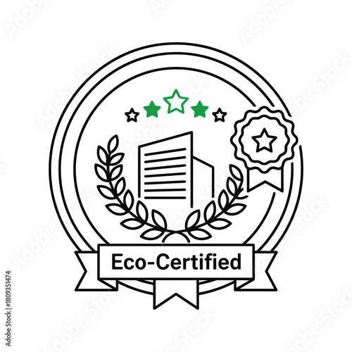 Eco certified badge with building and stars isolated on