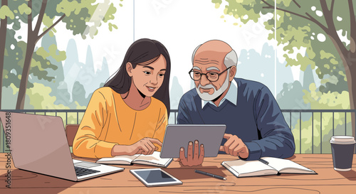 Woman and older man collaborate using a tablet on a wooden table outdoors.