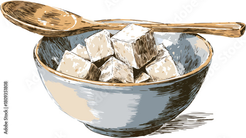 Cubes of Rice in Bowl with Wooden Spoon Drawing for Food Concept