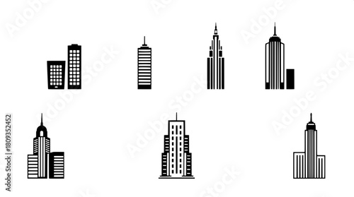 A professional black-and-white icon compilation featuring nine unique skyscraper designs, displayed in a tidy 3x3 grid, using strong geometric shapes, minimal detail, and an even, shadowless aesthetic