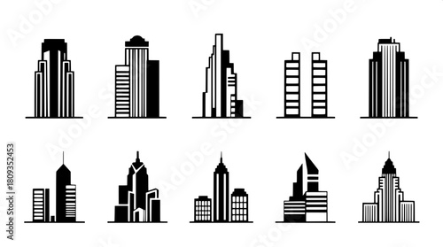 A professional black-and-white icon compilation featuring nine unique skyscraper designs, displayed in a tidy 3x3 grid, using strong geometric shapes, minimal detail, and an even, shadowless aesthetic