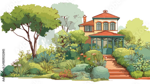 Modern house with lush garden and garden view vector illustration