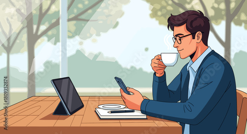 Man in suit drinks coffee, checks phone, with tablet and notebook nearby.