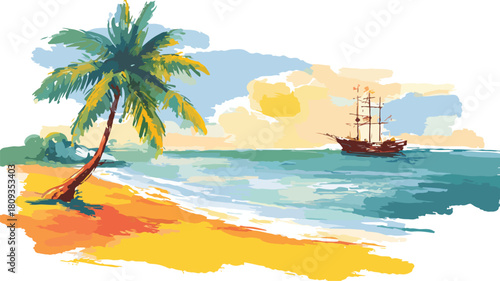 Tropical Beach Painting with Palm Tree and Ship - Relaxing Seascape Artwork