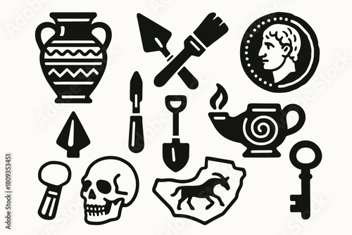 Archaeology Artifacts and Excavation Icons Set
