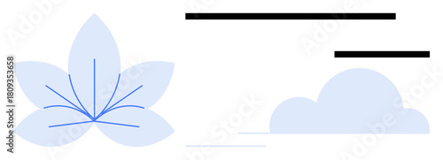 Blue petal flower with abstract lines, soft cloud element, minimalistic design and clean geometry. Ideal for wellness, nature, creativity, mindfulness, calmness simplicity aesthetics. Simple flat