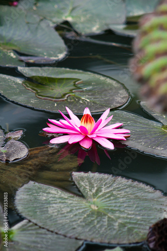 A tall pagoda tower with intricate traditional architecture rising above green foliage under a clear blue sky. A peaceful scene highlighting Asian cultural and religious design.