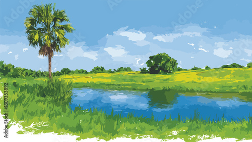 Serene Landscape with Green Field, Lake, and Palm Tree Vector Illustration
