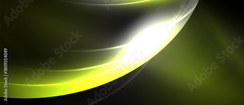 Abstract design features flowing yellow curves against dark background. Bright light emanates from central point, creating dynamic visual effect.
