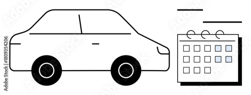 Car parked next to a calendar with marked dates symbolizing planning, booking, and schedules. Ideal for transportation, travel, rentals, time management, organization, logistics and productivity