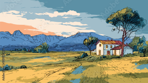 Scenic Landscape Painting with House and Mountains Vector