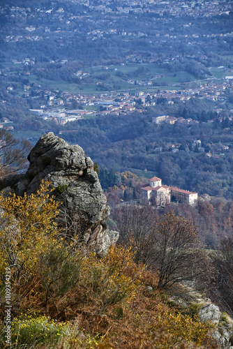 Vista dall'alto del Santuario di Graglia, località religiosa e turistica della Valle Elvo nel Biellese,Italia