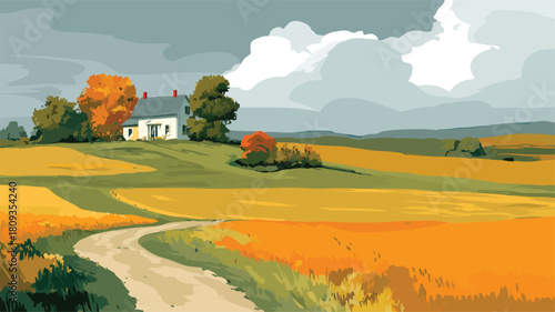 Serene Landscape Painting with Field and House in Background