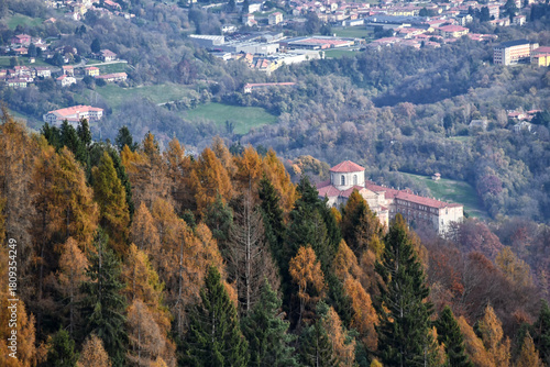Vista dall'alto del Santuario di Graglia, località religiosa e turistica della Valle Elvo nel Biellese,Italia