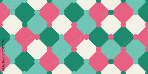 An abstract pattern with diamonds and circles in shades of green pink and off white colors design